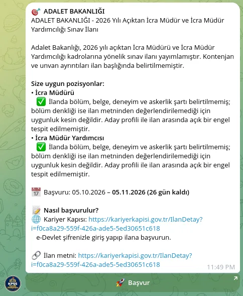 Adalet Bakanlığı icra müdürlüğü ilanı: uygun pozisyonlar, başvuru tarihleri ve Başvur butonu