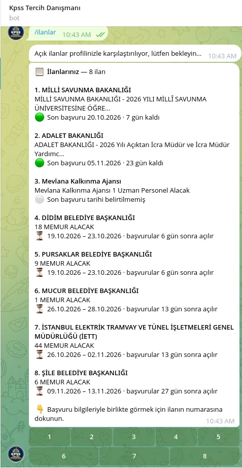 /ilanlar listesi: 8 açık ilan, kalan günler, numaralı butonlar