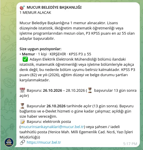 Belediye memur alımı: puan şartı, gerekçe, e-posta ve posta başvuru adresi